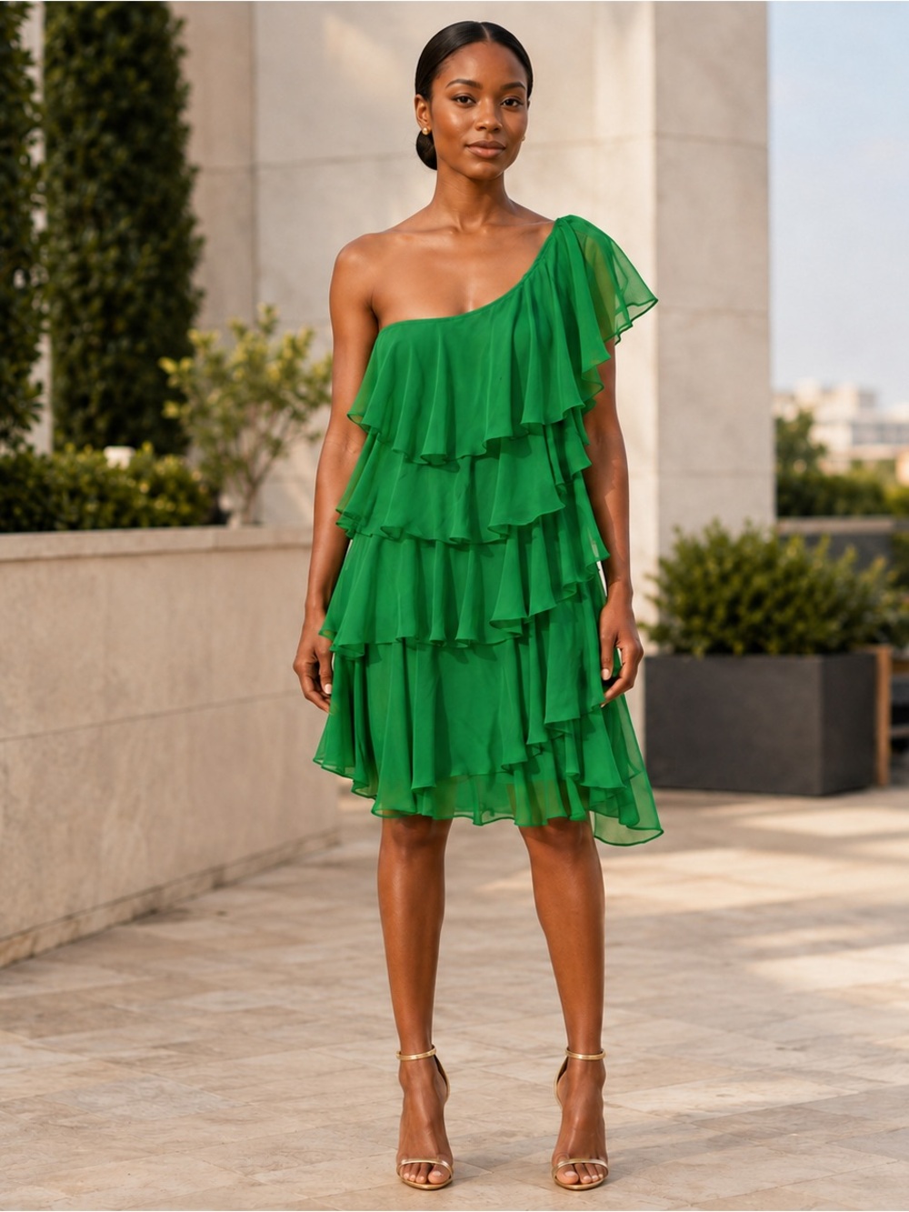 Halston Heritage Grass Green Silk One Shoulder Tiered Ruffle Mini Dress Size 8